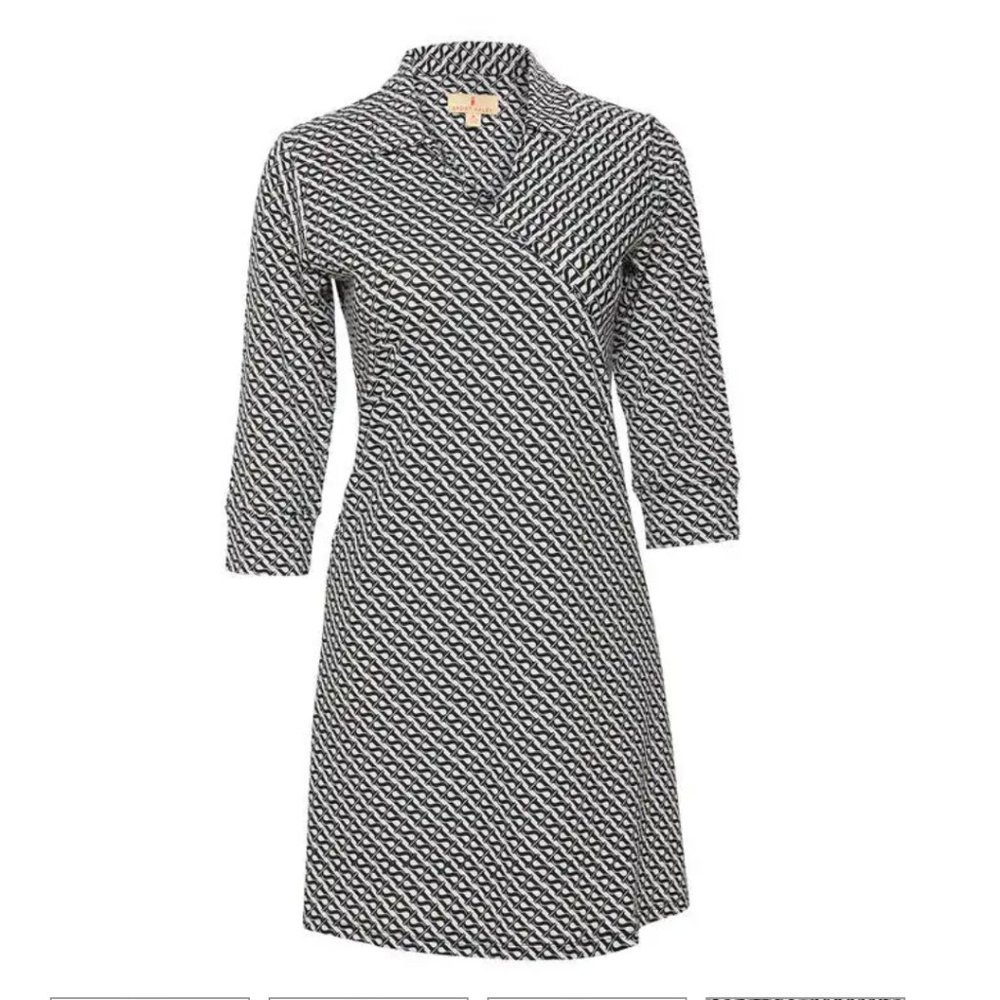 Sport Haley | Black and White 3/4 Sleeve Logo Print Faux Wrap Dress with Collar